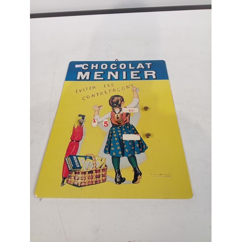 353 - Vintage French Chocolat Menier metal advertising wall calender with a vintage Frenc comic 