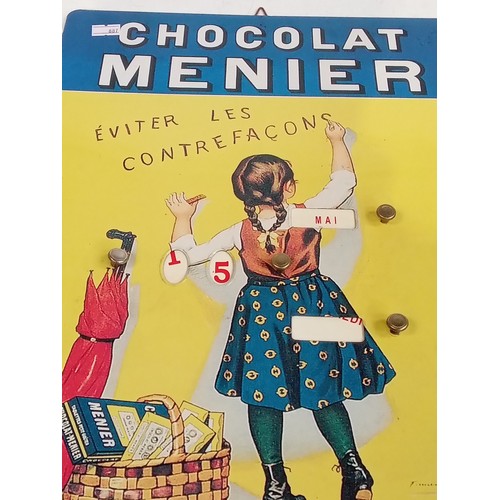 353 - Vintage French Chocolat Menier metal advertising wall calender with a vintage Frenc comic 