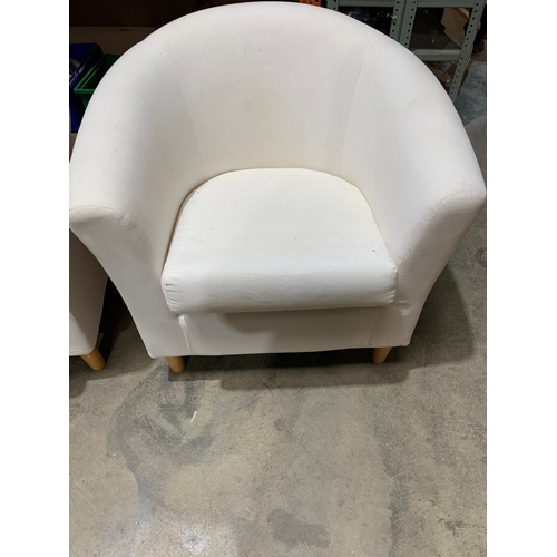 264 - White two-seater sofa and tub chair. Sturdy condition, could benefit from a clean