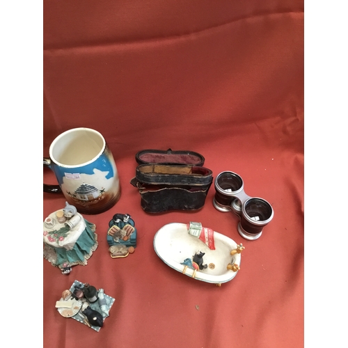 49 - Collectible lot inc vintage opera style binoculars, ceramic cat ornaments & South African tankard