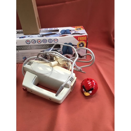 155 - Boxed lot inc cream maker, small angry birds speaker, body massager, A4 laminator & more