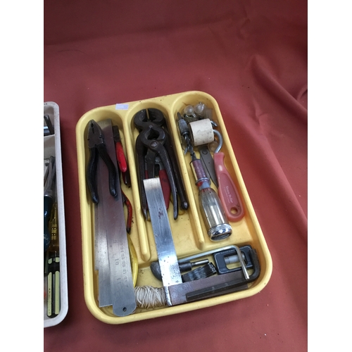 231 - Two trays of vintage hand tools inc grips, metal rules, screwdrivers and more