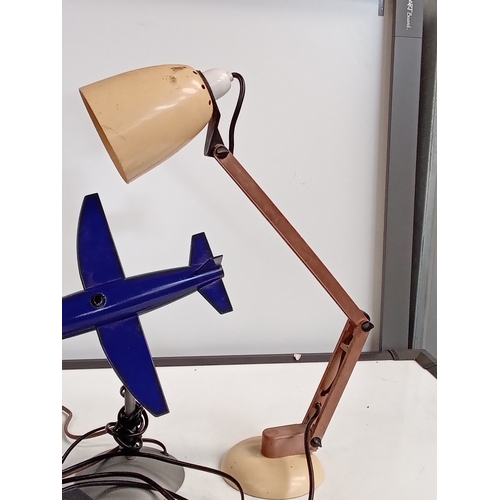 336 - 3 x table lamps. One vintage flexible arm metal lamp, a fox and aeroplane. Very eye-catching and ove... 