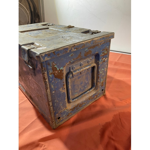 138 - Blue metal Ammo box 10 1/4”x 10 1/4” x 17  1/2”