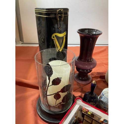 145 - Mixed lot including vases, candle holders, ceramic bin, metal  Guinness advertising bottle tin  and ... 