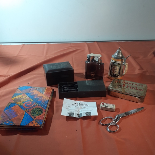 479 - Mixed lot includingpistcards, tins, LED torch, vintage trinket box, Charles Jordan perfume bottle (n... 