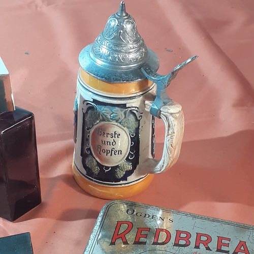 479 - Mixed lot includingpistcards, tins, LED torch, vintage trinket box, Charles Jordan perfume bottle (n... 