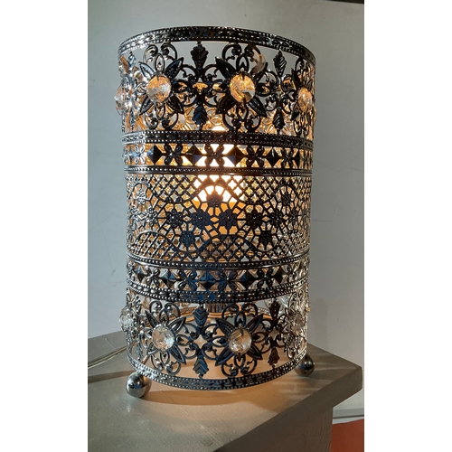 168 - Grey wooden lamp table with metal filigree lamp