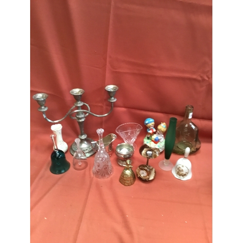 64 - Collectible lot inc candelabra, glass & brass bells & more
