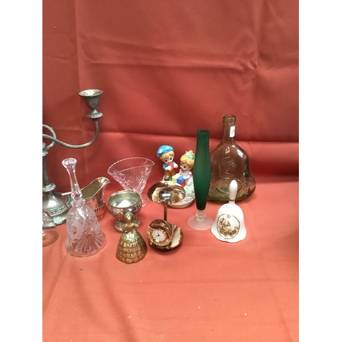64 - Collectible lot inc candelabra, glass & brass bells & more