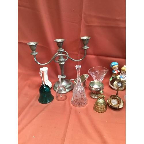 64 - Collectible lot inc candelabra, glass & brass bells & more