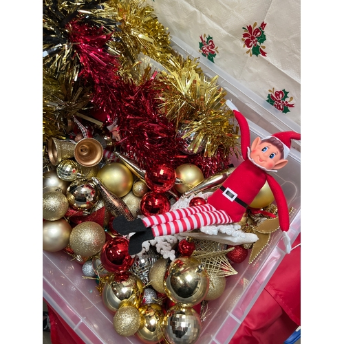 19 - Large box of multi coloured tinsel, baubles, elf on the shelf & more!