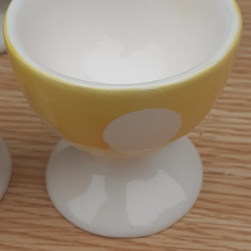 18 - 4 vintage egg cups, Afibel. French branded. Pretty little things in yellow and green polka dot patte... 