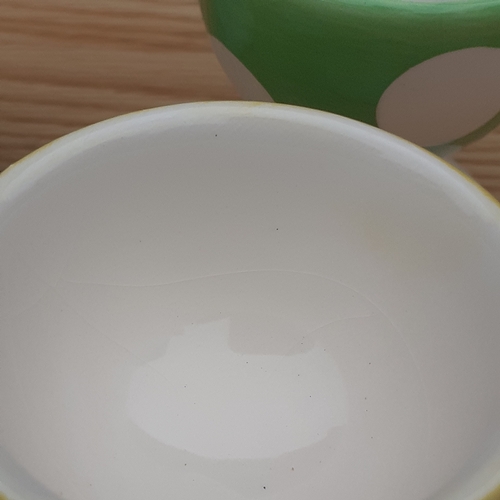 18 - 4 vintage egg cups, Afibel. French branded. Pretty little things in yellow and green polka dot patte... 