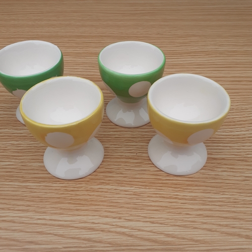 18 - 4 vintage egg cups, Afibel. French branded. Pretty little things in yellow and green polka dot patte... 
