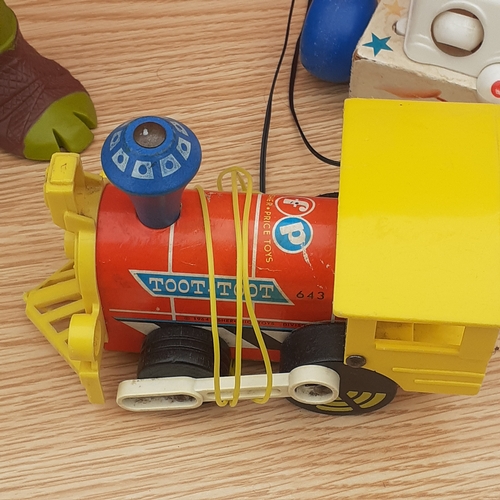 13 - Children's toys. Barbie wardrobe,  Ninja turtle, vintage doll and pull along train and Fisher Price ... 