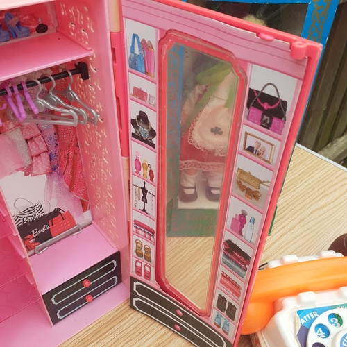 13 - Children's toys. Barbie wardrobe,  Ninja turtle, vintage doll and pull along train and Fisher Price ... 
