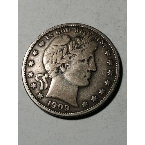 25A - COINS : USA 1909 silver half dollar in about very fine condition