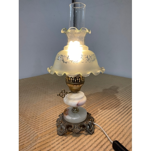 31 - Vintage oil lamp style electric lamp with marble effect base