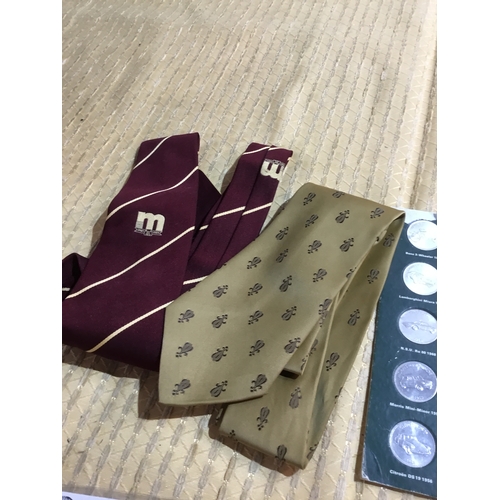 26 - Collectible lot of stamps, medallions, ties & historic cars coins collection