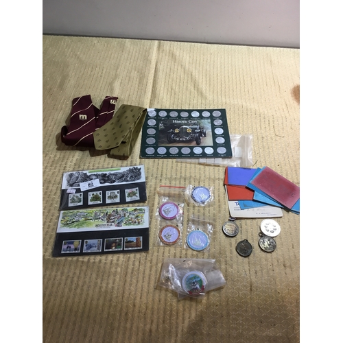 26 - Collectible lot of stamps, medallions, ties & historic cars coins collection