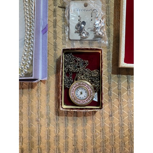36 - Quantity of costume jewellery inc ear rings, pearl necklace, Stratton pocket watch & more