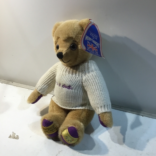 54 - MerryThought teddy bear with tag & jumper - very good condition