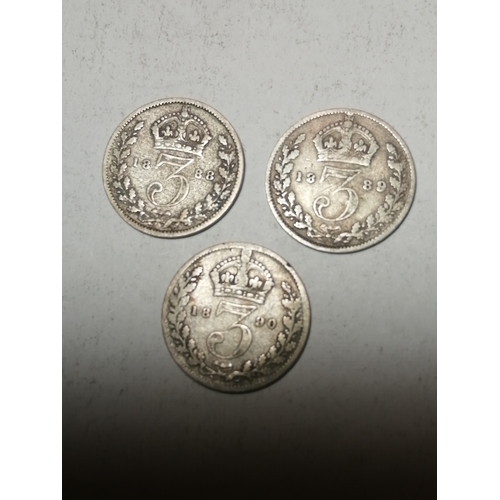 24A - COINS : 3 x Victorian Jubilee head silver threepences dated : 1888,1889 and 1890