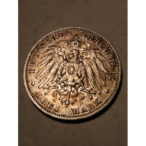 38A - COINS : GERMANY 1912 silver 3 Marks coin