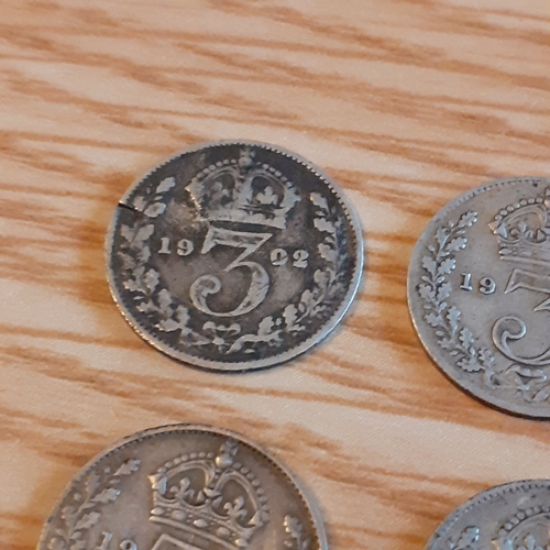 45A - 4 x silver threepence. 1902, 1912 and 2 x 1916. Condition and detail shown in pictures