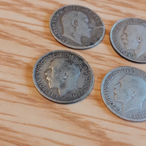 45A - 4 x silver threepence. 1902, 1912 and 2 x 1916. Condition and detail shown in pictures