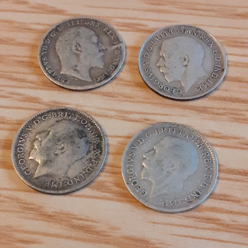 45A - 4 x silver threepence. 1902, 1912 and 2 x 1916. Condition and detail shown in pictures