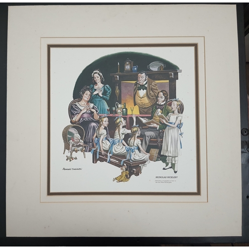 106A - 3 colour ‘Dickens’ themed prints in triple mounts by Ronald Embleton. ‘David Copperfield’, ‘Nicholas... 