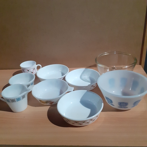 3 - Various Pyrex dishes and JAJ milk jug and sugar bowl. All Pyrex except one Anerican made dish. No da... 