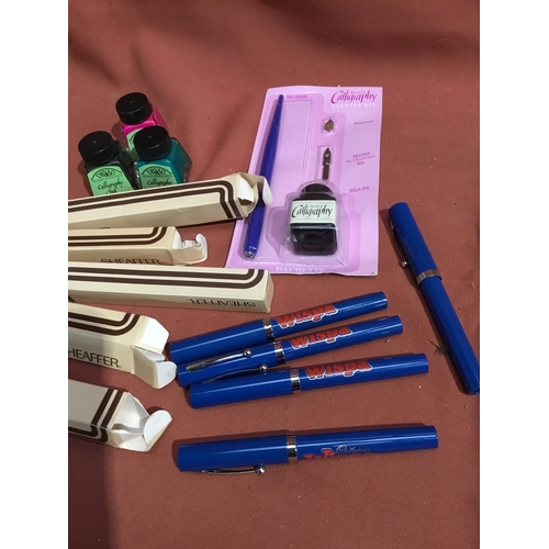 38 - Calligraphy lot inc Sheaffer wispa pens, ink & more