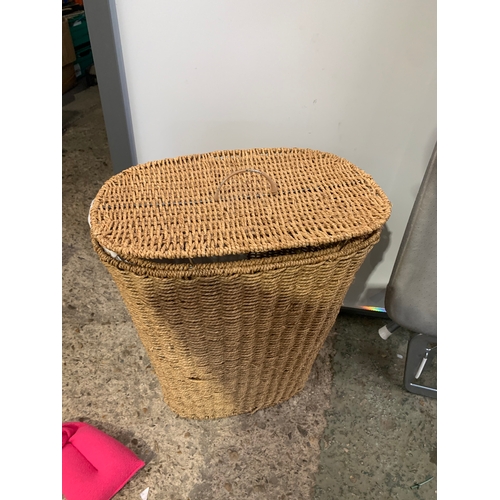 170 - Ironing board with laundry basket, blankets & linen