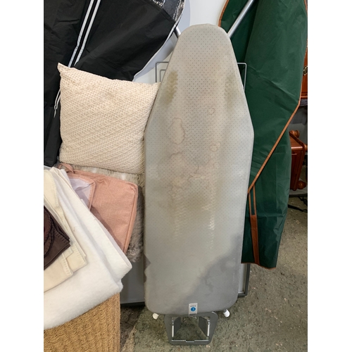 170 - Ironing board with laundry basket, blankets & linen