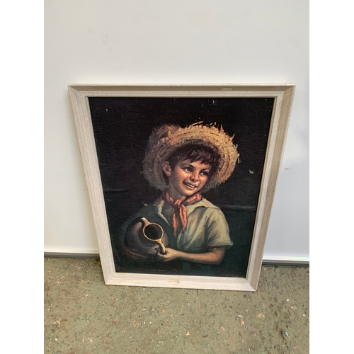 218 - Print on board of young boy carrying a jug - 65x50cm