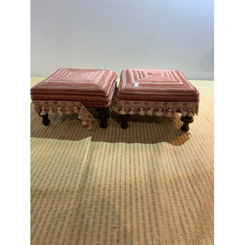 241 - Pair of small oak frame pink upholstered foot stools