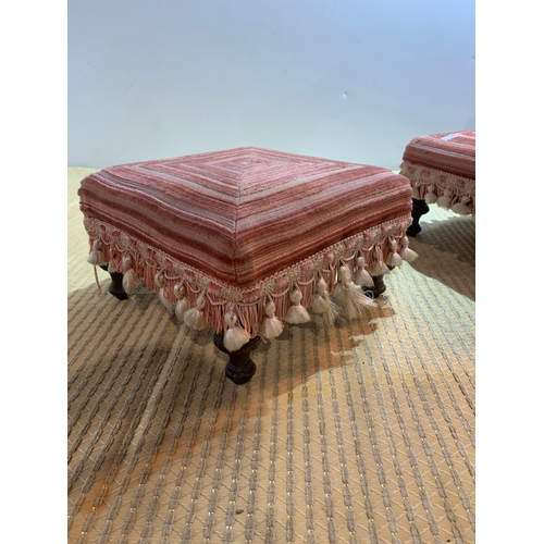 241 - Pair of small oak frame pink upholstered foot stools