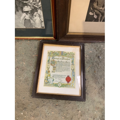 293 - 3x war themed prints inc ‘Home again’, borough of Stamford service appreciation and oak framed signe... 