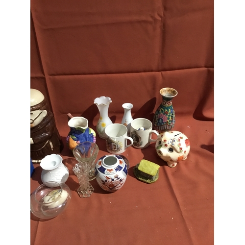 299 - Mixed collectible lot inc monk style cookie jar, coronation ware, piggy bank, glass dishes & more