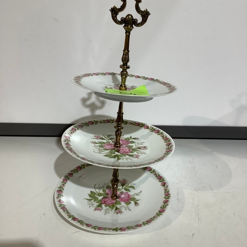 272 - Limoges OBJETS D’ART Marcel Chaufriasse 3 tier cake stand Pink Roses decoration (Plates with green b... 