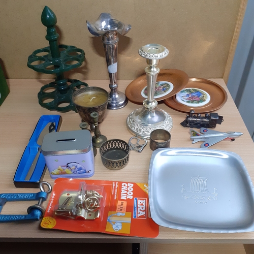 19 - Mixed metal ware lot. Includes brass, cast iron egg holder, copper, candlesticks, matchbox diecast a... 