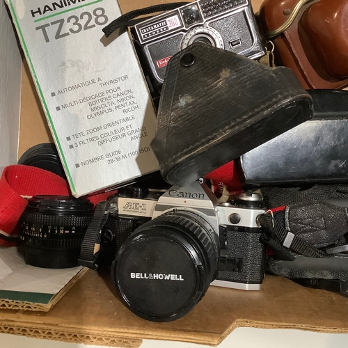 355 - Assorted cameras and lenses inc Canon, Olympus etc. inc scarce Kodak Instamatic 224 in original fitt... 