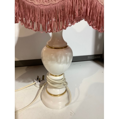 364 - Marble/onyx pair of lamps with pink shades