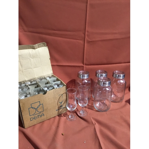 211 - A box of 4 pearl jars with lids and a box of 12 short stem