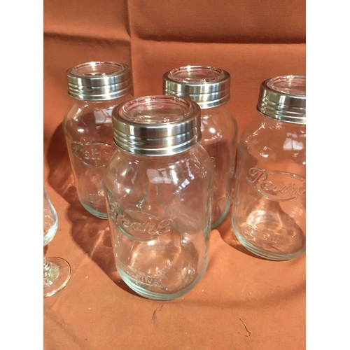 211 - A box of 4 pearl jars with lids and a box of 12 short stem