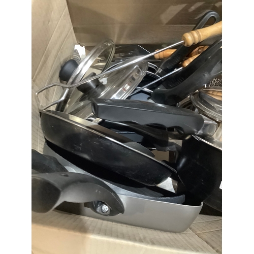 388 - Box of saucepans frying pans etc