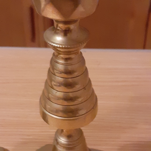 114A - Square Based Bevelled Brass Candlesticks. Good quality and weighty at over 1kg combined. Approx 11 i... 